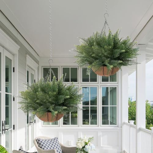 JOYWU 2 Set Artificial Ferns Plants with Hanging Basket,53cm Fake Fern Hanging Baskets for Outdoor Spring Summer Decoration,UV Resistant Faux Ferns for Outdoor Planter,Garden,Porch,Patio Decor