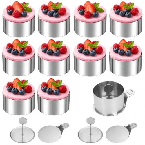 10 stycken dessertringar matdekoration: 8 cm runda bakringar set musseringar av rostfritt stål för gör-det-själv mousse tårtor, desserter med masher och lyftare