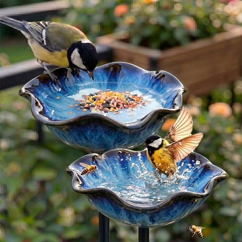 Vogeltränke Blume & Bienentränke Keramik Gartenstecker – Insektentränke Garten für Wasser & Vogelfutter, Dekorative Keramikblüten für Bienen & Vögel (2, Blau)