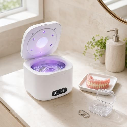 Dispositivo per la pulizia a ultrasuoni, 48 kHz, pulitore a ultrasuoni UV con 4 modalità, 340 ml, portatile, per protesi dentali, allineatori, protesi
