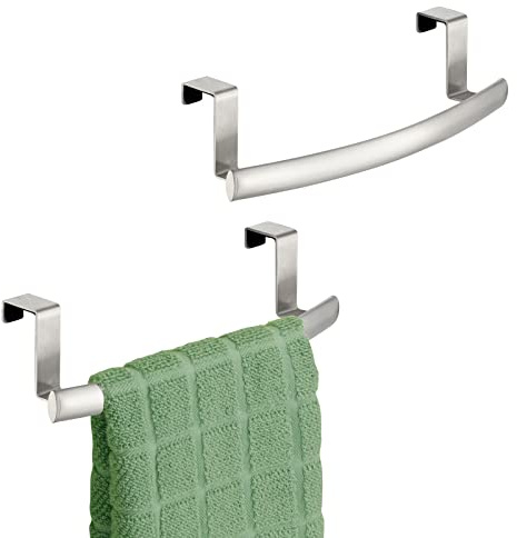 mDesign Steel Over Door Curved Towel Bar Storage, Hanger for Cabinet or Cupboard, Holder Rack for Kitchen, Bathroom - Holds Hand/Dish Towels, Washcloths - Spira Collection - 2 Pack - Brushed Chrome