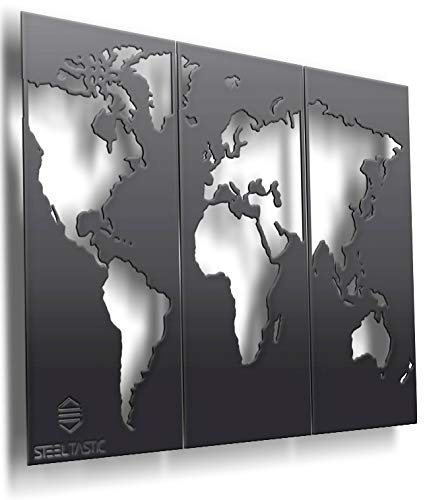 SteelTastic® Wandbild WELTKARTE aus 2 mm Stahlblech - 3-teilig - 120 x 80 cm - Kunstdrucke und Leinwandbilder Premium Qualität