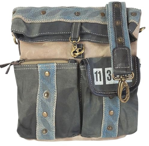 Sunsa Vintage Unisex Canvas Umhängetasche. Schultertasche mit viele Fächer | Mittelgroße Retro Tasche mit abnehmbaren verstellbaren Henkel Crossbody Bag für Freizeit, Arbeit, Uni Crossover Schwarz/beige