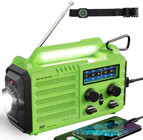 Emergency Radio,5000 Hand Crank Solar NOAA Weather Radio,AM/FM Portable Battery Operated Radio with 5-Way Power,Phone Charger,Flashlight&Reading Lamp,Earbud Jack,Compass,SOS Alert for Home,Survival