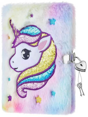 WERNNSAI Plüsch Tagebuch, Einhorn Notizbuch für Mädchen mit Schloss und Schlüssel, Weihnachts Geburtstag Geschenke für Geeignet zum Schreiben 6–12 Jahren