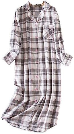 DSKK Nachthemd Damen Baumwolle Langarm Flanell Plaid Button Down Nachthemd, Damen Schlafhemd Langarm Nachtwäsche