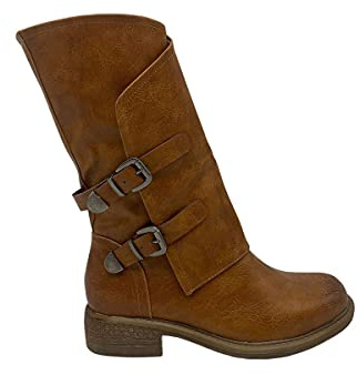 STILL Stivale Donna Scarpe Stivaletto con Fibbia Laterale Zip Cerniera Biker Motociclista Stivali Inverno Nuovi 41 Beige Camel