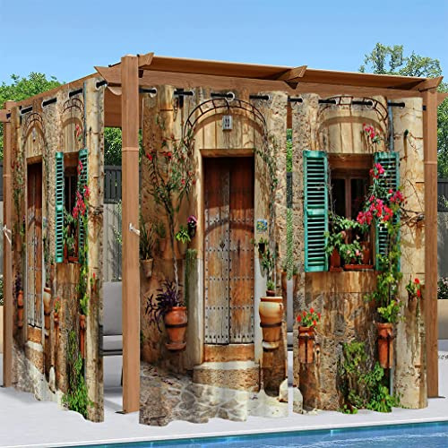 Syhi Qlty Outdoor Vorhang Wetterfest, Verdunkelungsvorhang Sonnenschutz Sichtschutz Vorhänge für Garten Terrasse Balkon Pavillon Pergola, 2 Stück 132 x 241 cm, 3D Blume Haus