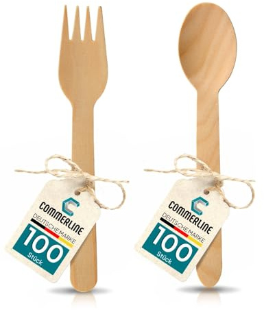 100 Holzgabeln + 100 Holzlöffel Set | Einweg Besteck Set | Einweggeschirr Set aus Holz | Einwegbesteck Holzbesteck Holzgeschirr (100 Gabeln & 100 Löffel)