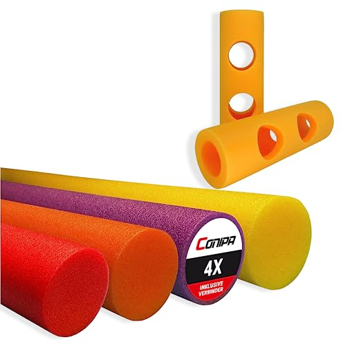 Conipa® - 4 Stück Schwimmnudel (160 x 7 cm) Kinder & Erwachsene INKL. 6 x Loch-VERBINDER (Schaumstoff) - Poolnudel Set ab 3-10 Jahre (Made IN Europe) - Pool Wassernudel (Rot + Gelb + Lila + Orange)