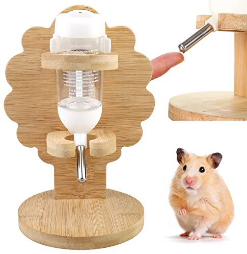 Vegena Hamster Trinkflasche mit Ständer - 80 ML Hängende Wasserflasche für Meerschweinchen mit Einstellbar Holzständer Kleintiertränke Hamster Zubehör für Zwerghamster Goldhamster Hasen