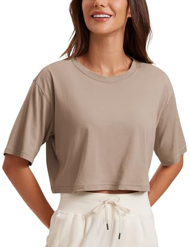 CRZ YOGA Femme Coton Pima Sports T-Shirt Col Rond Hauts Courts de Yoga Running Respirant et Confort À Manches Courtes Couleur du mortier 42
