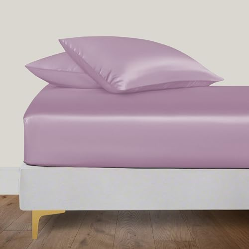 LINENWALAS Organic Vegan Bamboo Fitted Sheet with Pillowcase, Deep Pocket 16 Inch Softest, Silky Cool Bamboo Bedding King Size 1 Fitted Sheet and 2 Pillowcase (59x79 Inches, Lilac)