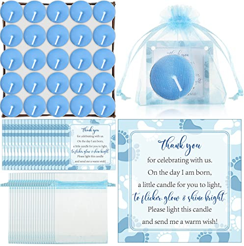 50 Sets Baby Shower Party Favors Including 50 Pcs Unscented Tealight Baby Shower Candles Gift Bags Cards for Gender Reveal Party Supplies(Blue)