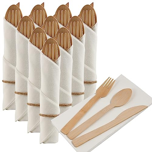 Pre Rolled Napkin and Bamboo Cutlery Set - 10Pack Bamboo Utensils/Compostable Cutlery(10 Forks, 10 Knives, 10 Spoons, 10 Napkins), Biodegradable Wrapped Cutlery for Party, Banquet, Wedding(10)