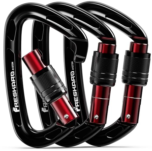 FresKaro Karabiner schwarz, Kletterhaken, Schraubverschluss, Auto-Close, Schraubverschluss, Kletterkarabiner zum Abseilen, Hundeleinen, groß, extra stark 2550kg, 3 Stück