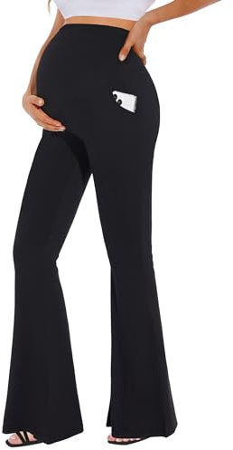 MUSIDORA Leggings de maternidad suaves con bolsillos sobre el vientre/pantalones acampanados de cintura alta para yoga casual, Negro -, Small