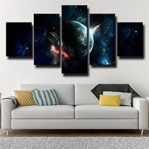 Leinwand Bilder Planet Erde Sterne Beleuchtet, 5 Teilige Kunstdruck - Wandbilder Wohnzimmer, Schlafzimmer, Moderne Wanddeko, Bild Auf Leinwand (Xxl/Ohne Rahmen 200 X 100 Cm) -2W0V-A0W