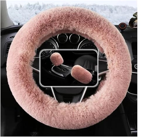 Lenkradhüllen Fell Flauschiger Lenkradbezug/Handbremsbezug/Getriebebezug-Set Auto-Innenausstattung Auto-Lenkradbezug Auto Lenkradabdeckung (Color : Pink)