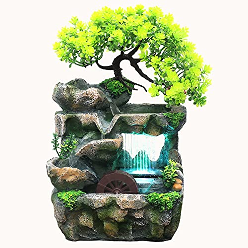 HarBin-Star Fontana da interni con illuminazione a LED, fontana da tavolo, cascata, pianta verde, fontana da giardino, in resina, fontana da scrivania, 18 x 15 x 30 cm