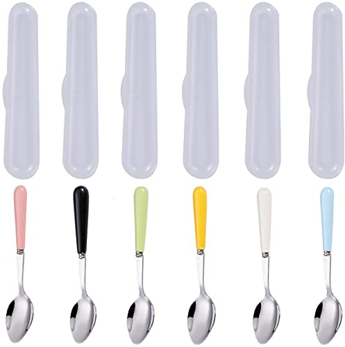 Lot de 6 cuillères à pamplemousse avec poignée en céramique, cuillères à pamplemousse en acier inoxydable avec bords dentelés ronds pour agrumes, kiwi, cuillères à dessert avec boîte de rangement,