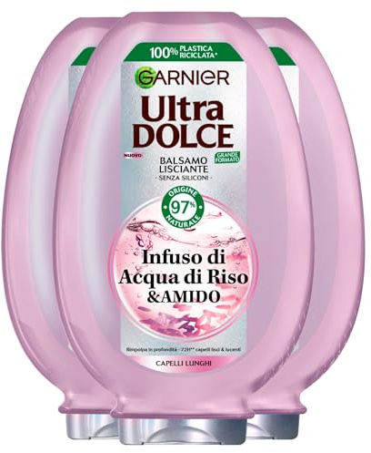 Garnier Ultra Dolce glättender Balsam für langes Haar mit Aufguss von Reiswasser und feuchtigkeitsspendender Stärke, aufpolsternd, aufhellend, vegan, mit Inhaltsstoffen zu 97% natürlichen Ursprungs