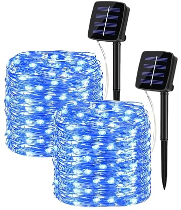 Clearhill 2er-Pack Solar-Lichterketten, Gesamt 20M/65.6FT Blau 600 LED, Kupferdraht-Lichterketten mit 8 Modi, Wasserdichte Solar-Gartenbeleuchtung für Terrasse, Garten, Bäume, Weihnachten