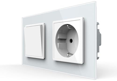 LIVOLO Steckdose mit Wipp Lichtschalter meschanischer Wechselschalter Unterputz Einbau Schuko Stecker doppelter Rahmen aus Glas Kombination Kippschalter Wechsellichtschalter in Weiß VL-C7-K1S-C1EU-11