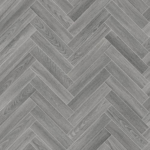 Grey Modern Herringbone Parquet Effect Maestro Vinyl Flooring 2mm Anti-Slip Lino for Kitchen Bathroom (W: 3m x L: 2m)