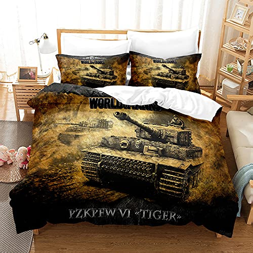 Generisch Bedding Bettwäsche 135x200 Set Mikrofaser Einzel Bettbezug 3D Krieg Panzer Leopard Muster Militärisches Hobby Thema Bettwaesche + 2 Kissenbezug 80x80cm mit Reißverschluss Eckbinder halten