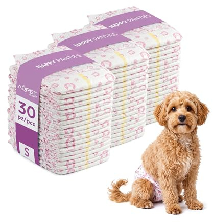 Aqpet Pañales higiénicos Bragas absorbentes para Perros Hembras para Ciclo de incontinencia con Cierre Adhesivo Ajustable, antiolores, Desechables, Talla pequeña, 370 x 275 mm, Paquete de 30 Unidades