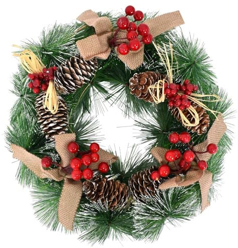 30cm Couronne de Noël, Guirlande de Noël Artificielle avec Baies de Houx Rouges et Nœud Papillon, Suspendues Décoration de Noël pour Porte, Table, Fenêtre ou Mur pour Une Ambiance Festive