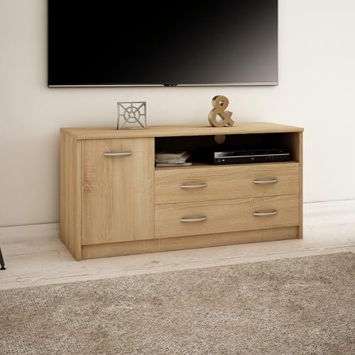 Home Collective TV-Schrank 110cm breit Lowboard Fernsehtisch mit 1 Tür, 2 Schubladen und 2 Regalen, aus laminiertem Board, abgerundete Kante und Metall-Rollschienen Fernsehkommode Sonoma
