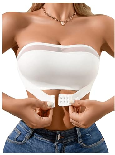 GORGLITTER Women's Mesh Wireless Front Fastening Bras Sexy Strapless Sheer Comfy Bandeau Bras White Medium