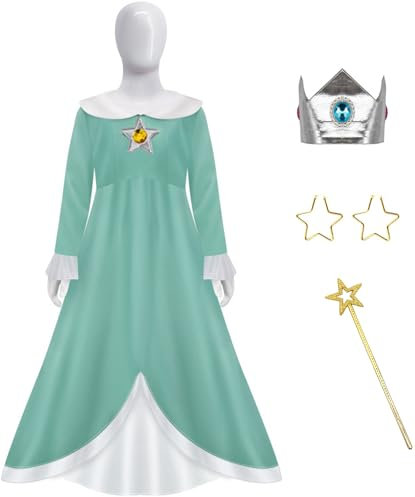 Windskids Rosalina Kostüm mit Krone Mädchen Fasching Prinzessin Rosalina Maxi Abendkleider und Ohrringe Wand Anzug 4 Stück für Halloween Weihnachten Karneval Party Geburtstag Maskerade Verkleidung