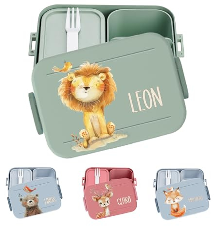 wolga-kreativ personalisierte Mepal Brotdose mit Löwe Motiv - Lunchbox Kinder, Jausenbox Kindergarten, Vesperdose Kinder mit Fächern, Pausenbox Einschulung