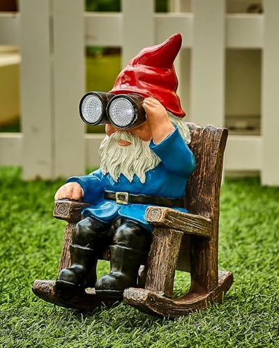 GaloTrek Solar Garden Gnome Statues Resin Gnome Figurines Sitting on Rocking Chair Outdoor Telescope Gnome Gifts for Yard, Patio Decor Gift