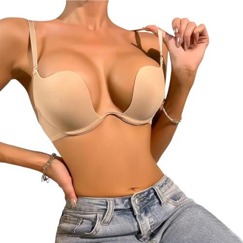 varsmiss Womens Low Plunge Push Up Bra Low Cut Convertible Underwire Padded Cleavage Bra(D013-new,Beige,L)