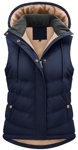 heekpek Chaleco Mujer Invierno Térmico Chaleco Acolchado Chaqueta sin Mangas Forro Polar Chaleco con Capucha Chalecos Exteriores para Mujer con Bolsillos, Azul marino, XL