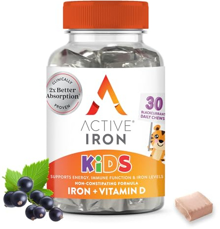 Active Iron Supplement 7mg + Vitamin D for Kids, Clinically Proven Better Absorption, Increase Iron & Energy Levels, Gentle & Non-Constipating, Supports Growth & Immune Health, 30 Blackcurrant Chews
