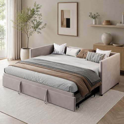 KEFSR Stoppad säng, utdragbar sängram, bäddsoffa 90/180 x 200 cm, sammetstyg, platsbesparande design, perfekt för att spara utrymme (gery)