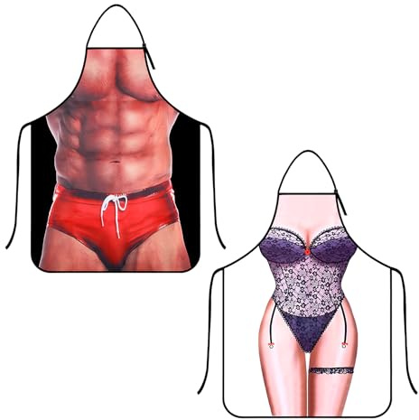2 Pcs Lustige Kochschürze Sexy Kreative Männer Küchenschürze für Herren Damen, Wasserdichte Grillschürze Geschenk für Party Costume Grill