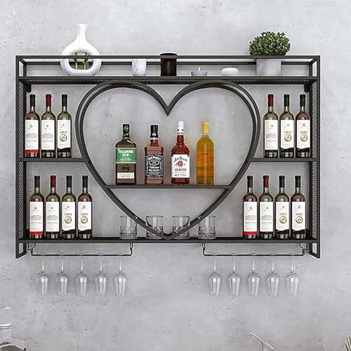 Soporte de pared para botellas de vino y copas de vino con estantes, soporte de hierro negro para vino (120 cm)