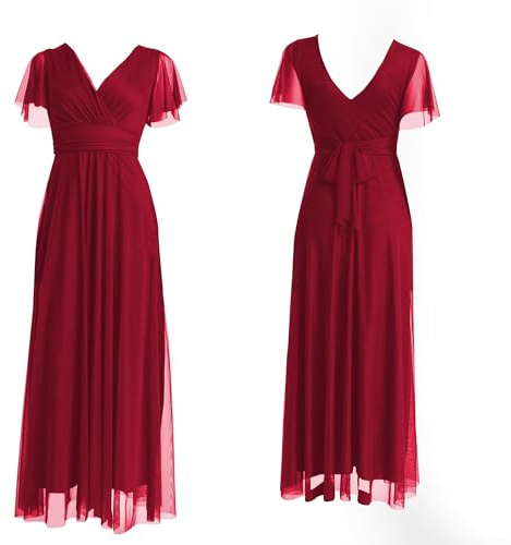 VALORIALUXE Abito Lungo Elegante Donna con Maniche Volant e Scollo a V – Vestito da Cerimonia Made in Italy (IT, Testo, Taglia Unica, Regular, Regular, Rosso Profondo)