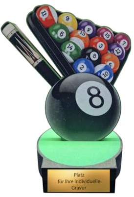 16 cm Holzpokal mit Gravur - Billard Trophäe - Queue & Kugeln Design | Individueller Snooker Award aus 8 mm massivem Birkensperrholz, 180 g schwer, ideal für Turniere und Vereinsabende geeignet.