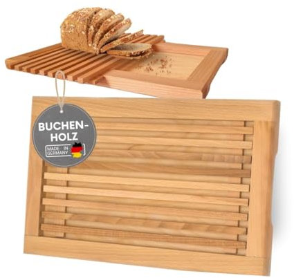 Planche à pain fabriquée en UE avec grille ramasse-miettes et poignées en bois de hêtre huilé – 40 x 25 cm – Planche à découper pour pain, baguettes et petits pains, planche de service, huilée et