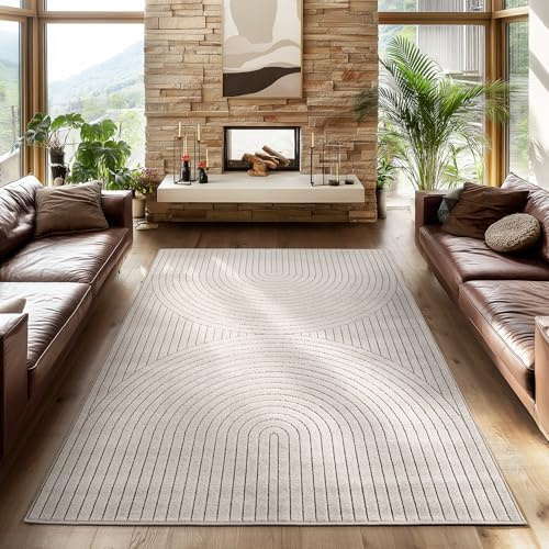 SIMPEX Kurzflor Teppich 120x170 cm Creme Wohnzimmer, Schlafzimmer, Küche, 3D Hoch-Tief-Effekt, Skandinavisch Boho Motiv, für Outdoor Bereich geeignet Terrassen oder im Balkon