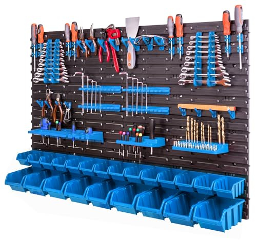 botle Wandregal für Werkzeuge 115x78cm 23 Stapelboxen Werkzeughalter Kunststoff Organisation und Ordnung in Garage und Werkstatt Aufbewahrung von Werkzeugen Werkbank Lagersystem Blau