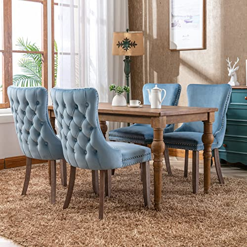 HomeTouch Lux Velvet Upholstered Kitchen Dining Chairs Set of 4 Tufted High Back Bedroom Office Chairs with Oak Wood Legs, Hand Made (4, Light Blue)
