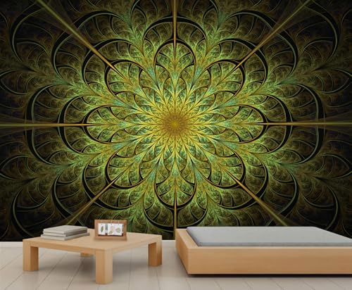 Fractal Mandala Wall Murals Abstract Green and Gold Wallpaper Abstract Floral Mural Hd Printing Mural Wallpaper for Living Room Bedroom 300 x 210 cm